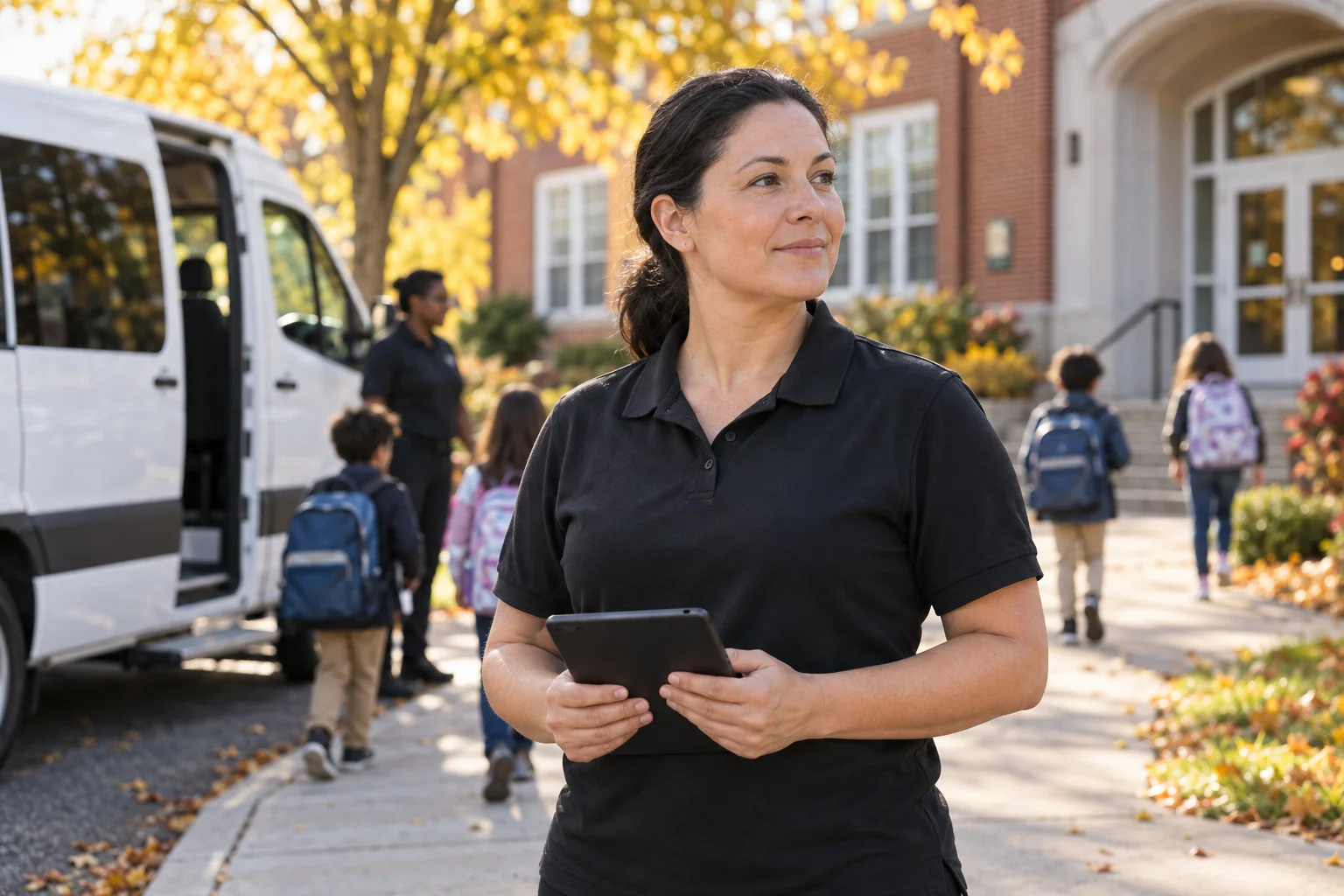 School transportation operator with a tablet beside a van outside a school